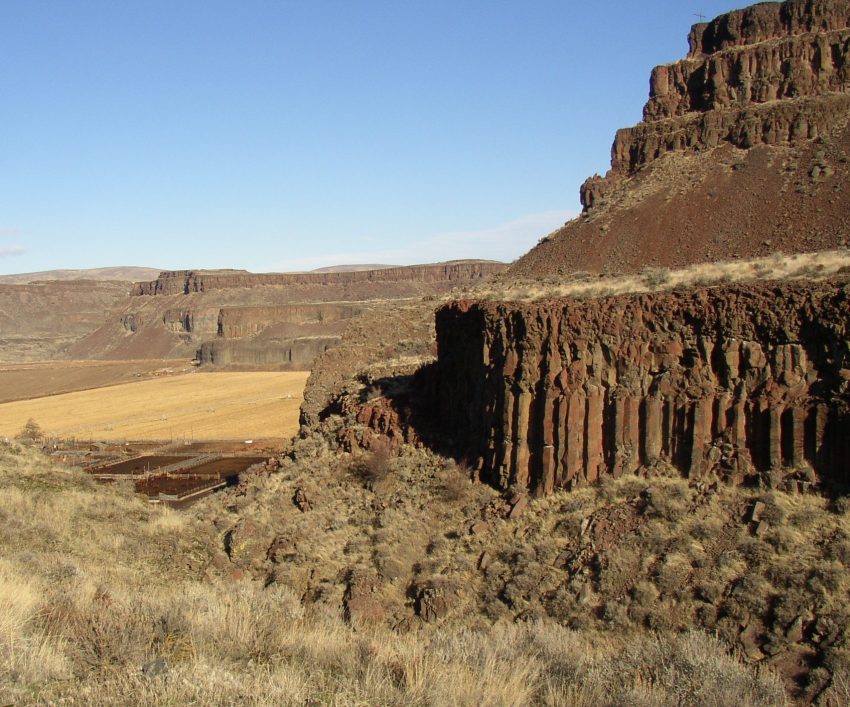 Flood Basalt Eruptions Paleontology World   Moses Coulee In The US Showing Multiple Flood Basalt Flows Of The Columbia River Basalt Group. The Upper Basalt Is Roza Member%2C While The Lower Canyon Exposes Frenchmen Springs Member Basalt 